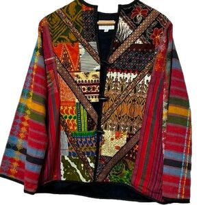Vintage Neiman Marcus Patchwork Jacket Size S Boho Festival Style Wooden Buttons